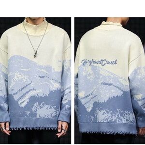 Harsh and Cruel snow mountain destruction distressed knit pullover sweater